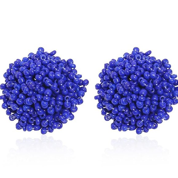 Blue Pom Pom Beaded Big Puff Post Earrings 1" Round Seed Bead Boho Bohemian New - Picture 1 of 4